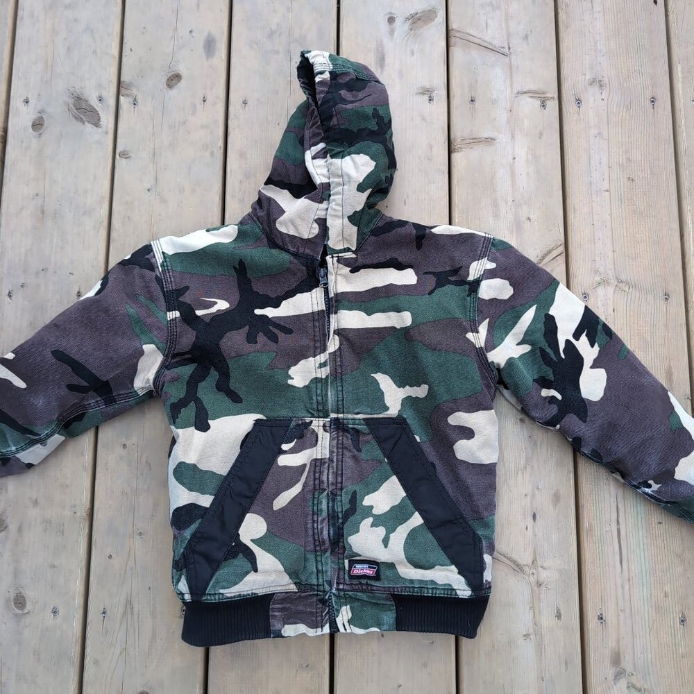 Dickies Bomber Jacket Kids (6-7)S Black Camouflage Hooded Zip-Up Outdoor Casual